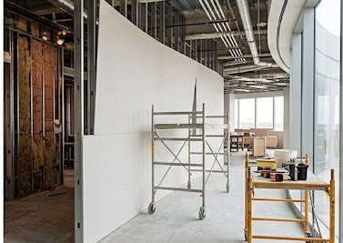 Office tenant improvement in progress — curved drywall partition, metal stud framing and scaffold